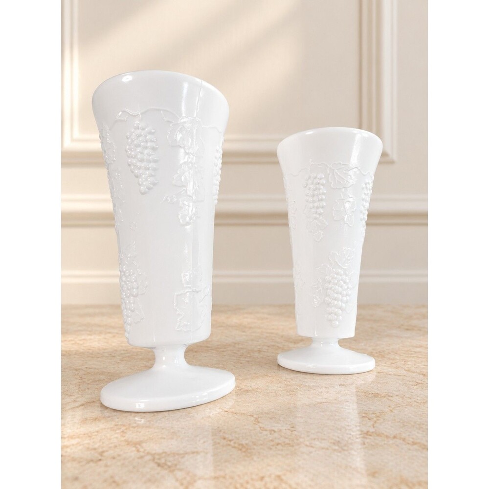 Vintage Milk Glass Grape Vine Footed Bud Vases Set of 2 Mixed Sizes